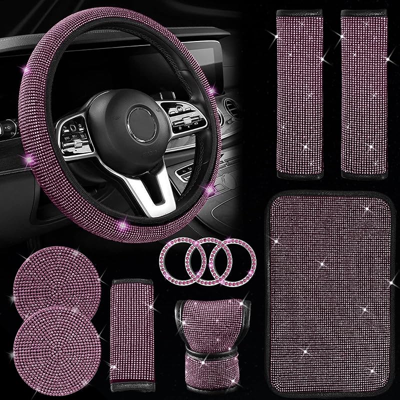 11 Pcs Bling Car Accessories Set,Bling Car Accessories Set For Women,Steering Wheel Cover For Women Universal Fit 15 Inch,Rhinestone Center Console