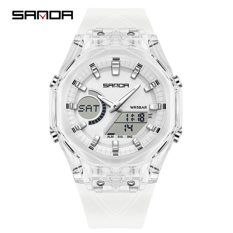Sanda Dual Display Multifunction Fashion Wristwatch with Colorful Transparent Case for Youthful Korean Style