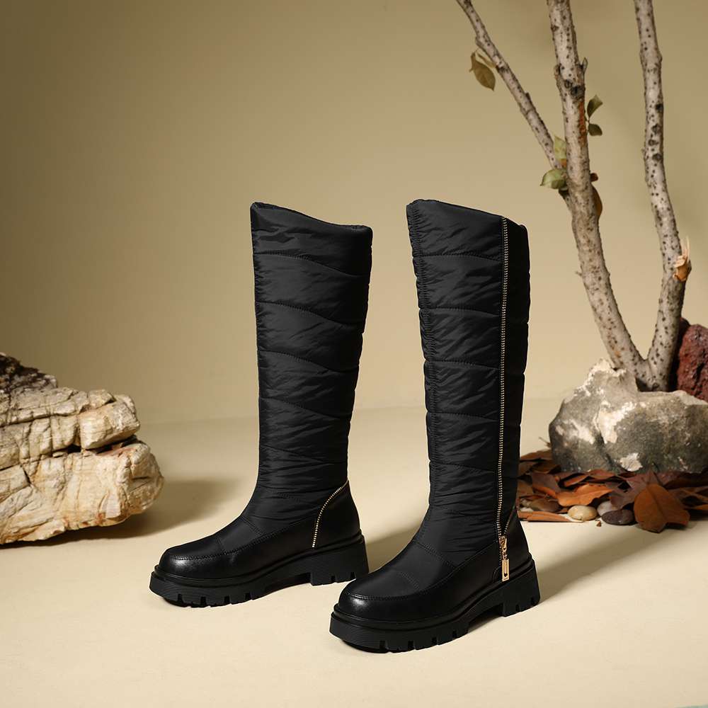 Krazing Pot PU Down Boots Cold-resistant Winter Shoes Med Heels Size 44 Super Size Snow Boots Zipper Round Toe Keep Warm Thigh High Boots