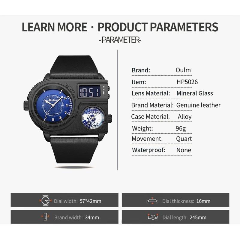 Oulm Véritable marque de mode grand cadran montre à Quartz en cuir véritable sport montre pour hommes décontractée montre pour hommes en or