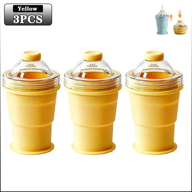 Silicone Folding Straw Cup with Ice Cube Mold Summer Collapsible Travel Cup Bottle Built-in Ice Ball Mold 2in1 Portable Amagi