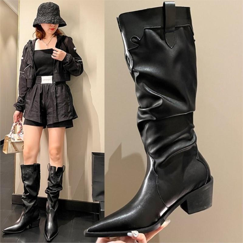 Pointy Western Cowboy Boots Women'S New Autumn Pleated But Knee-High Boots Chunky Heel High Knight Boots C546