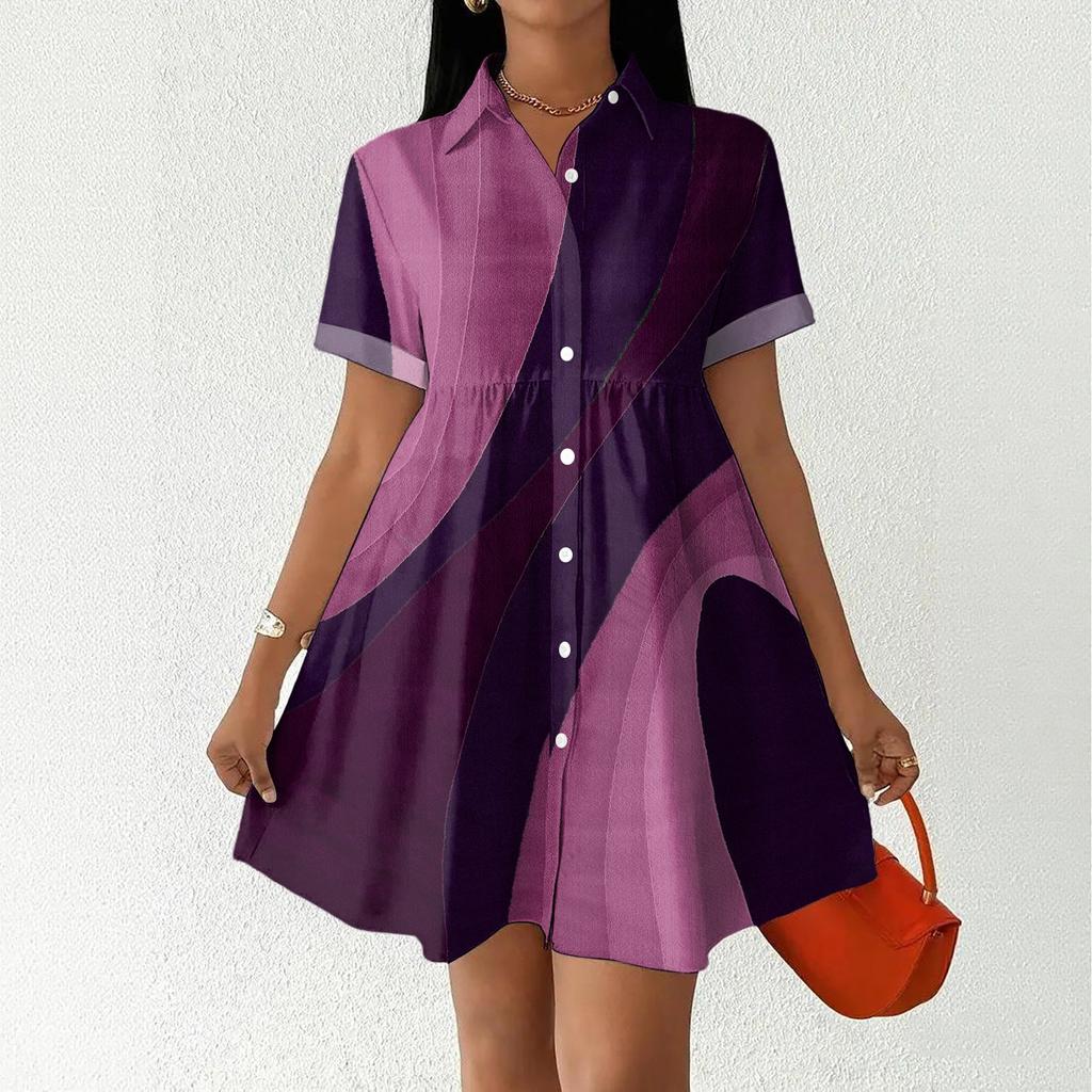 Women's Casual Loose Fit Shirt Dress Button Front Short Sleeve Collared Dress with Floral Print Suitable for Daily Wear and Outdoor Activities