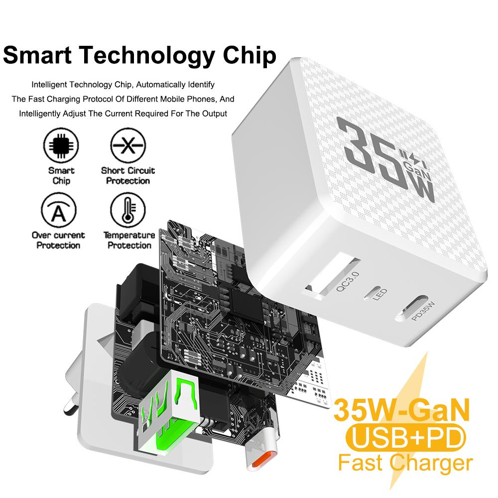 2 Anschlüsse Mini 35W GaN USB Typ C Ladegerät QC3.0 Tragbares Schnellladen für iPhone 14 Pro Xiaomi 13 Samsung KR/EU/US/UK Stecker