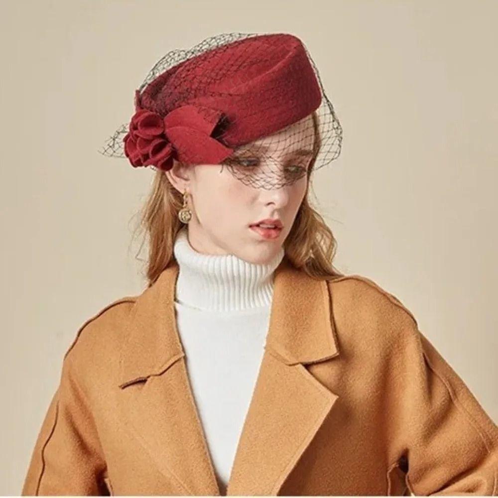 Flower Mesh Topper Hat Solid Color Woolen Beret Woolen Top Hat Formal Hat Performances