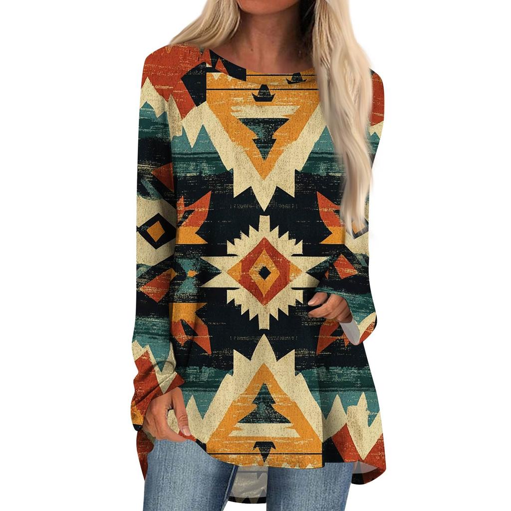 Women's Fashion Casual Long Sleeve  Print Round Neck Pullover Top Blouse