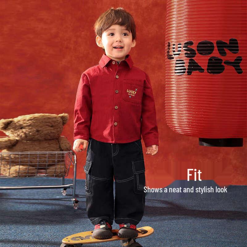 LUSON Baby Jungen Rotes Baumwoll Langarm Festliches Hemd