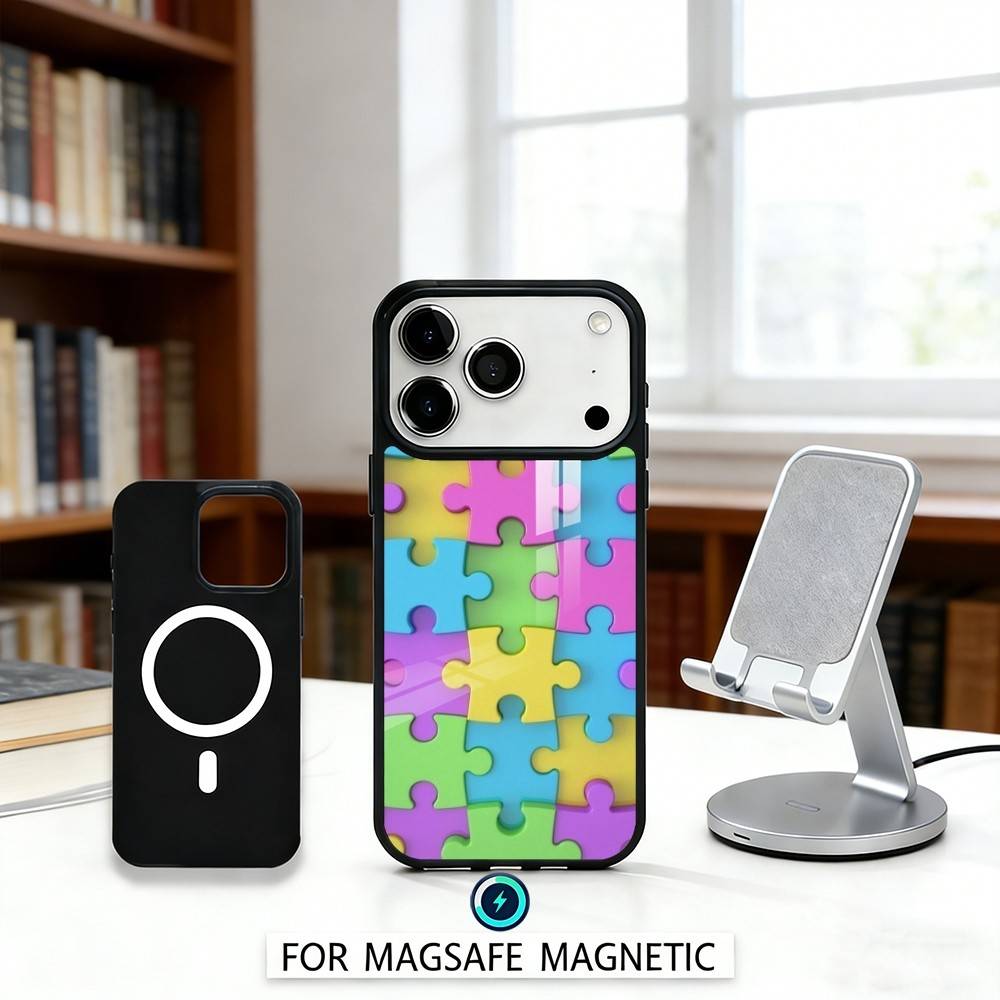 A-Autism S-Support P-Puzzle Pattern Phone Case Magnetic For iPhone17 16 15 14 13 12 Pro Max For Magsafe Wireless Charging Cover