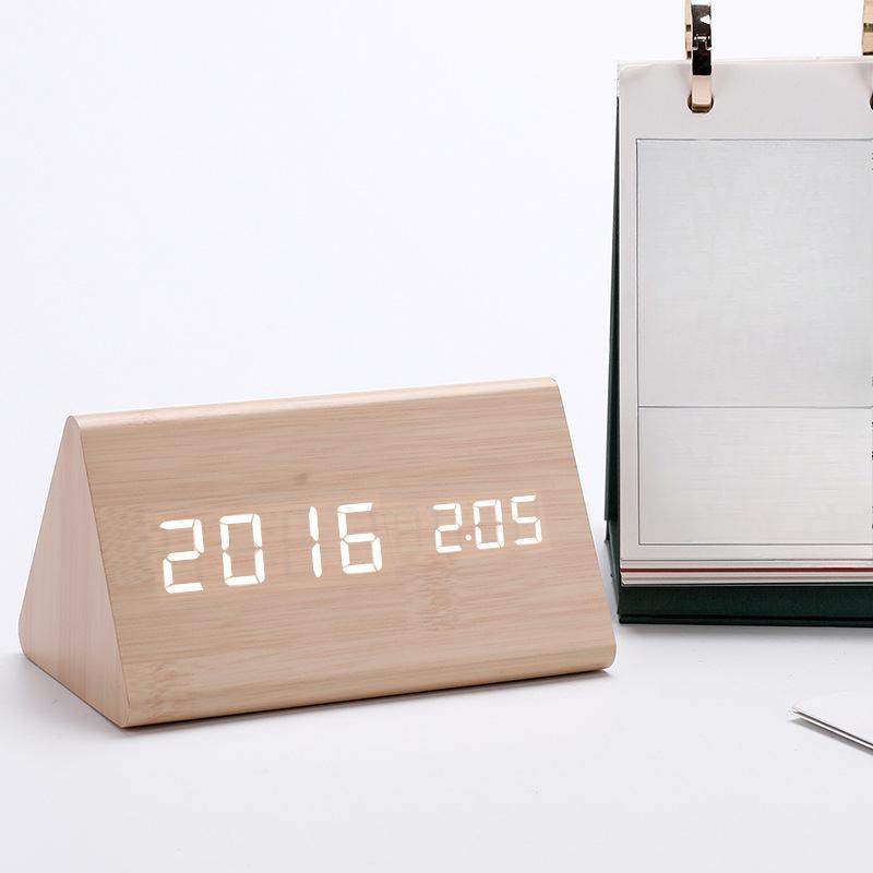 Wooden Clock Thermometer Electronic Clock Creative Wooden Student Alarm Clock Triangle Digital Clock
