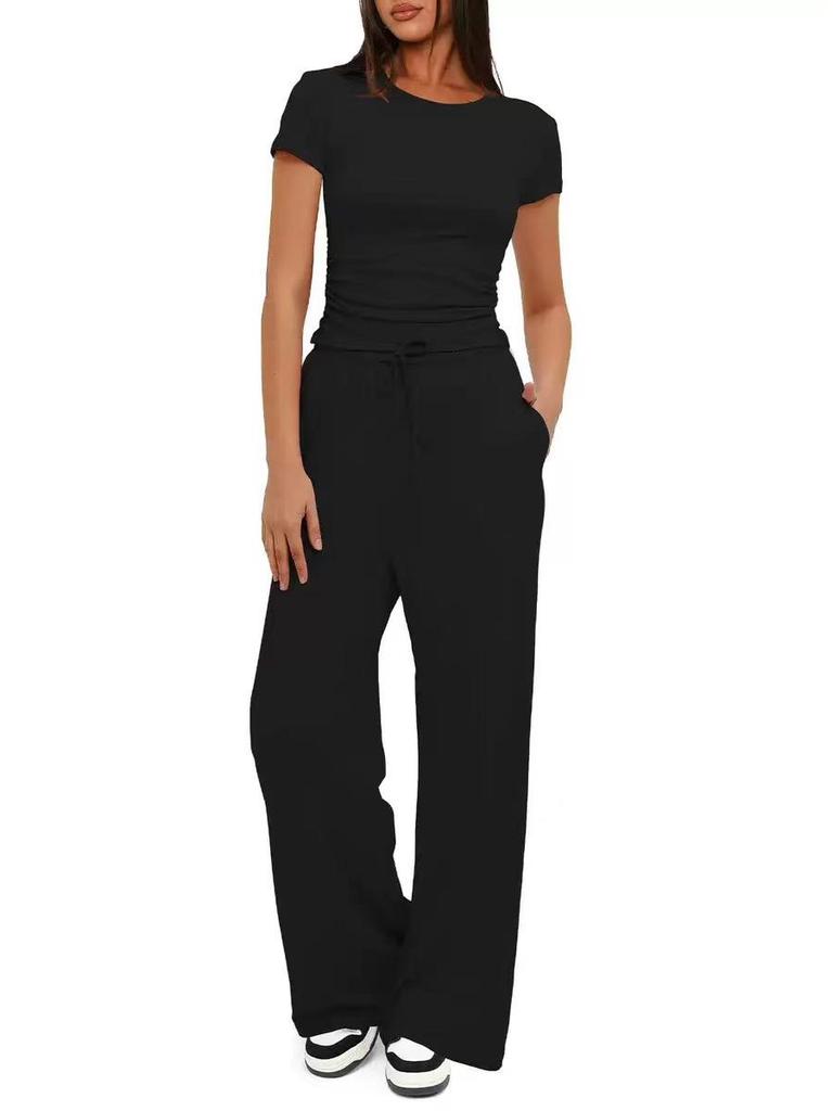 2026 European & American Women's Two-Piece Casual Set: Ruffled Short-Sleeve Top & Wide-Leg Pants