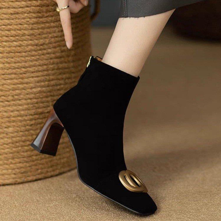 Elegant Black High-Heeled Ankle Boots - Suede, Slimming, Metal Buckle, Elastic Fit for Women in Autumn/Winter