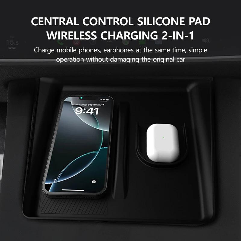 Car Wireless Charging 2-in-1 Silicone Pad for Tesla Model Y Juniper 2025 Anti-skid Accessories for Mobile Phone and Earphones