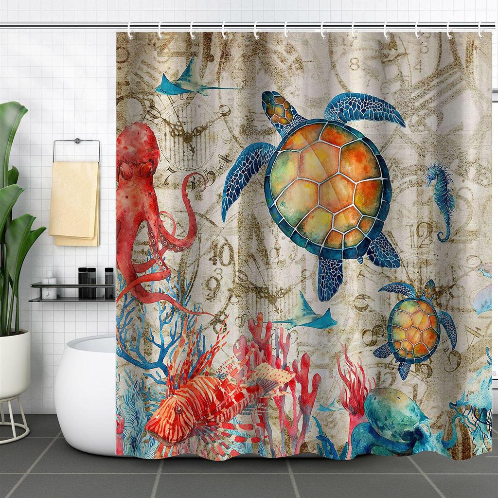 Coastal Marine Shower Curtain: Dolphin, Starfish, Seahorse, Seashell, Sea Turtle - Moisture-Proof, Mildew-Resistant, Waterproof, Beach Bathroom Décor