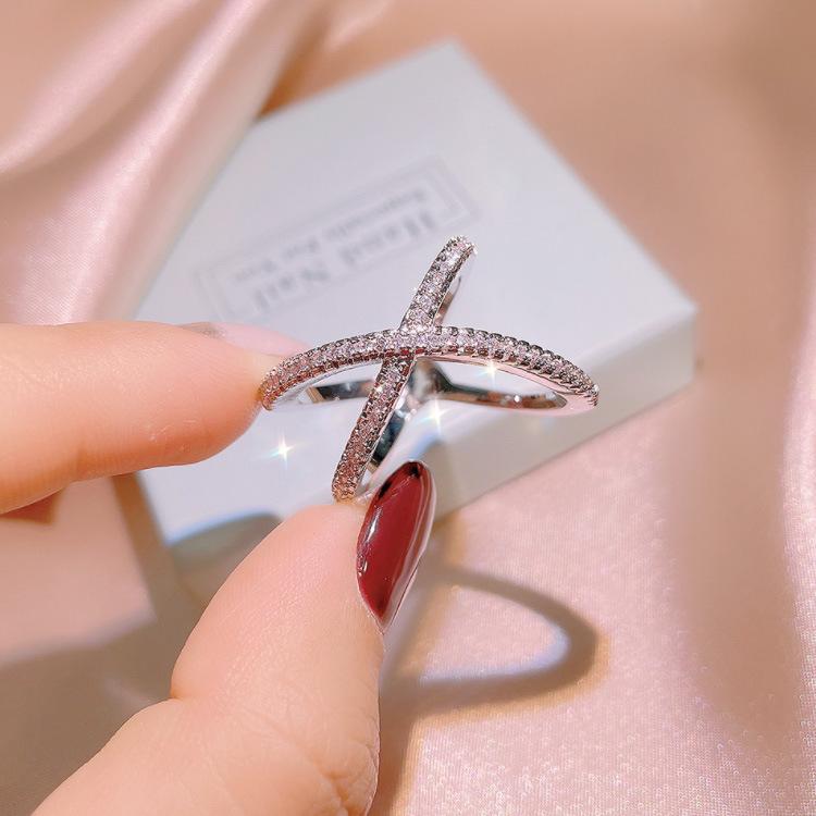 Temperament Zircon Index Finger Ring Versatile Hipster Jewelry Women'S Multi-Layer Cross Micro-Inlaid Ring