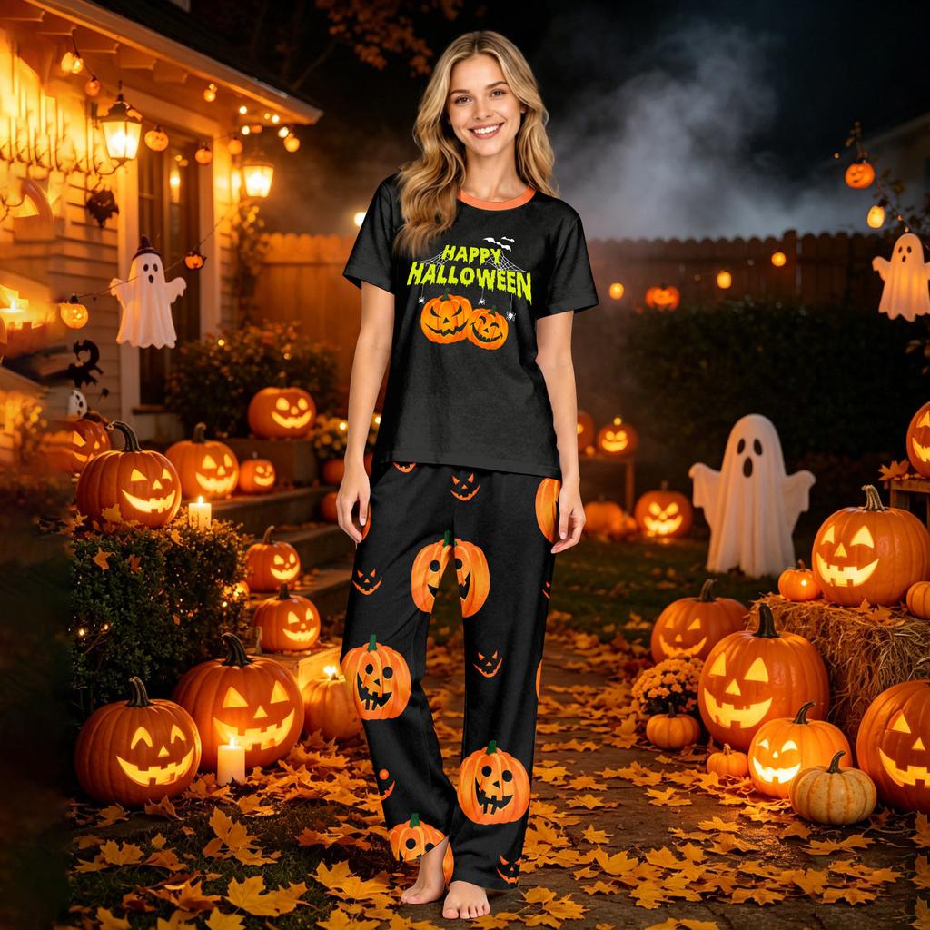 Family Matching Halloween Print Casual Set with Short Sleeve Top and Pants for Mom and Kids
