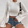 European and American New Sexy Short Solid Color Long-sleeved Top Women's Thin Pleated Flared Sleeve Shirt