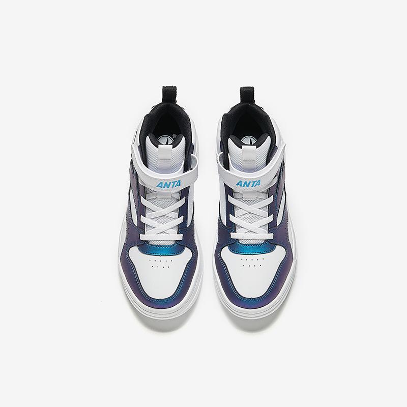 Anta Kids Synthetic Leather Fashion Versatile Shock Absorbing Lightweight High-Top Sneakers Kids Sneakers White Blue A12438002-4