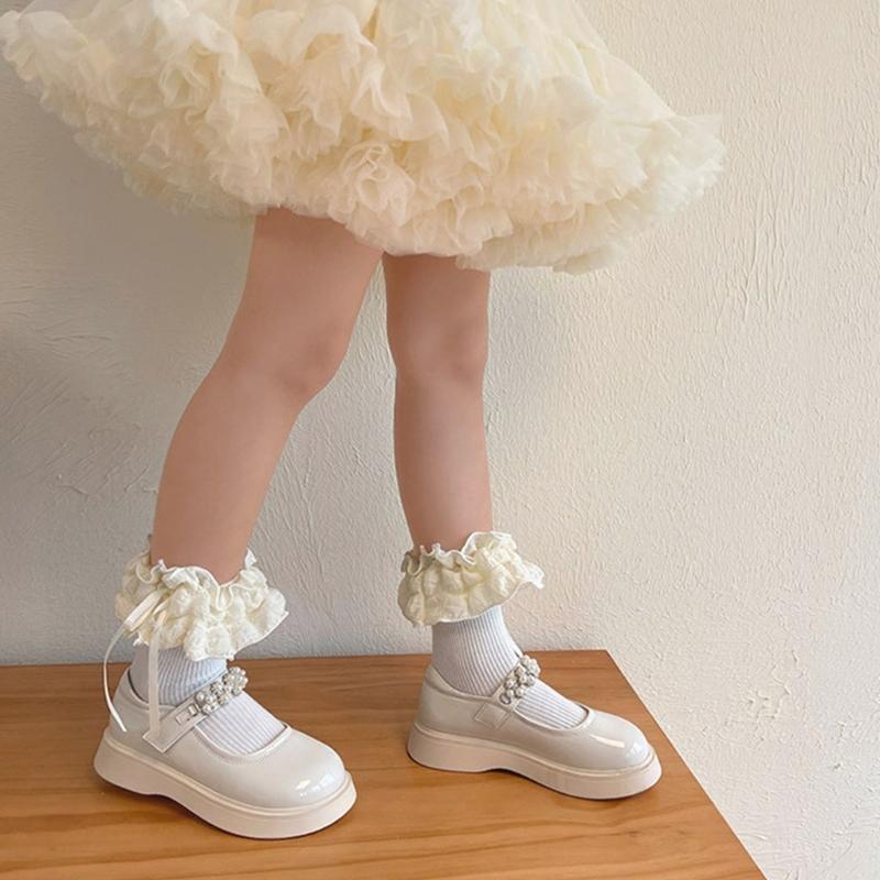 Breathable Cotton Hosiery Socks for Girls Toddler Stretchy Knee High Socks Puff Edge Lace Bows Socks for Autumn Spring