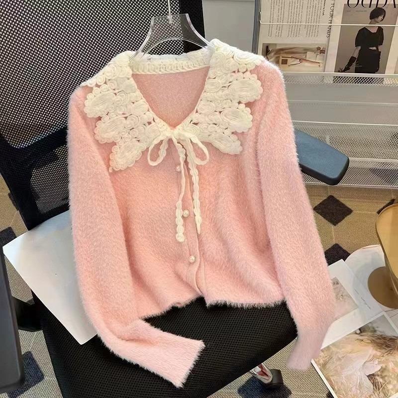 New Single-piece Thick Fashion Casual Imitation Mink Sweet Doll Collar Knitted Cardigan Sweater Women