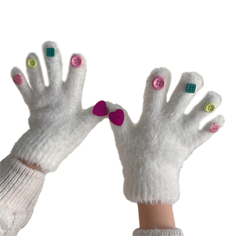 Colorful Button Furry Gloves Cute Thick Kids Gloves Stylish Furry Theme Gloves Winter Warm Full Finger Gloves M