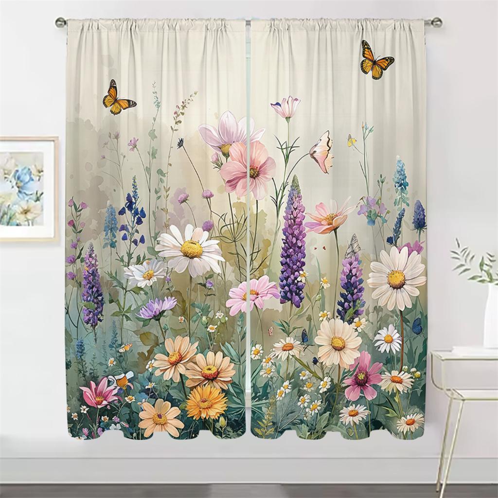 2Pcs Pastoral Floral Curtains 3D Butterfly Wildflower Pattern Living Room Bedroom Balcony Sunshade Fresh Nature Decor Curtains