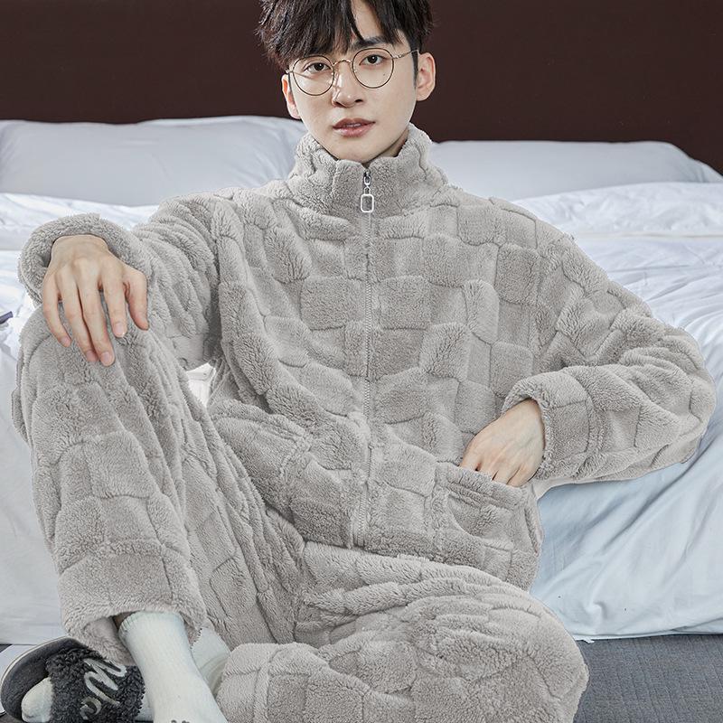 Men's Thick Coral Fleece Stand-Up Collar Zipper Pajamas - Warm Long Sleeve Homewear for Autumn & Winter