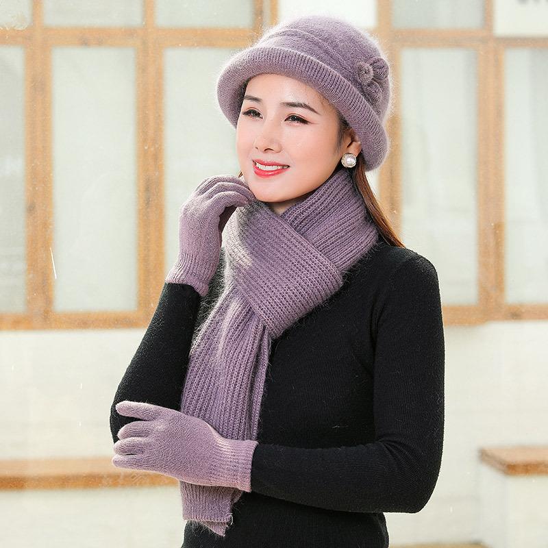 Fleece Warm Knitted Rabbit Fur Hat Women Autumn and Winter Cold Gloves Scarf Basin Hat Tide Elderly