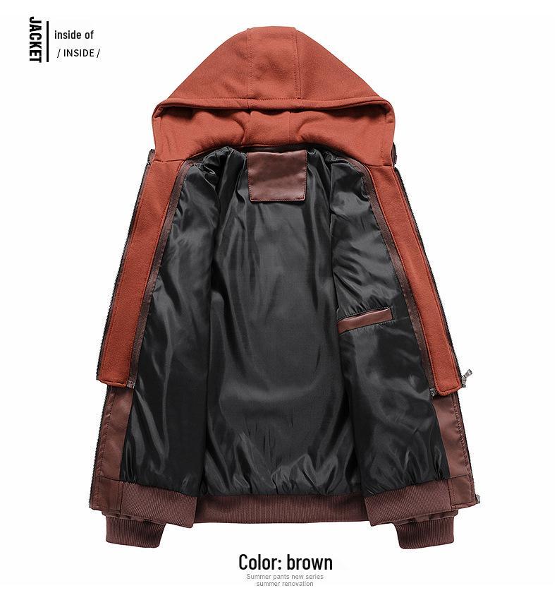 2025 Men's Plus Size PU Washed Leather Hooded Jacket, Two-piece Design.