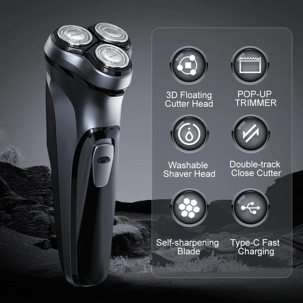 Electric Rotary Shaver Razor for Men Type-C Rechargeable Shaving Beard Machine Wet & Dry Use Hair Cutting Trimmer