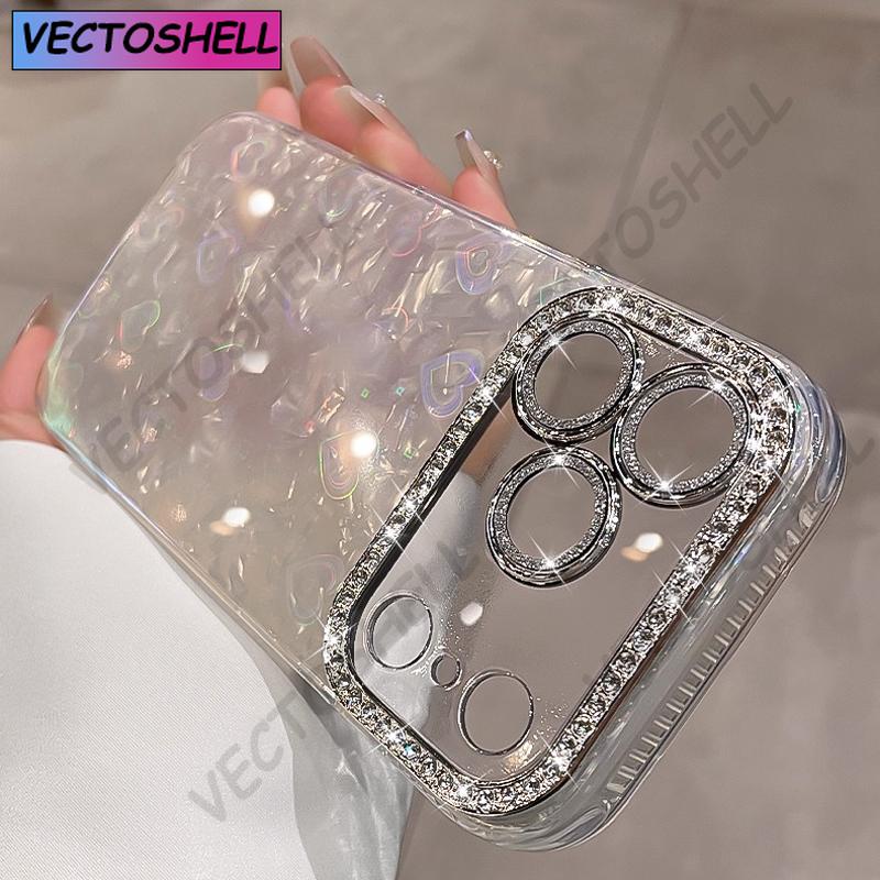 Elegant Glitter Crystal Love Laser shell pattern Phone Case For iphone 17 Air 16 15 14 Plus 13 12 Pro Max Soft Lens film Cover