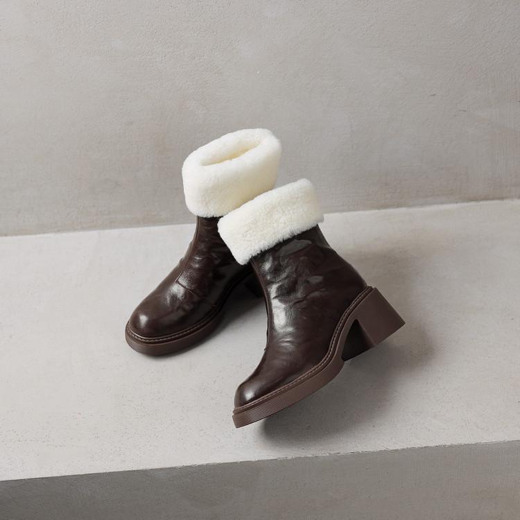

Северо-восток необходимая морозостойкость~ Корейская версия женских модных полусапожек из кожи с круглым носком и овечьей шерстью на толстом каблуке, женские 2025 новые зимние 40 темно-коричневого