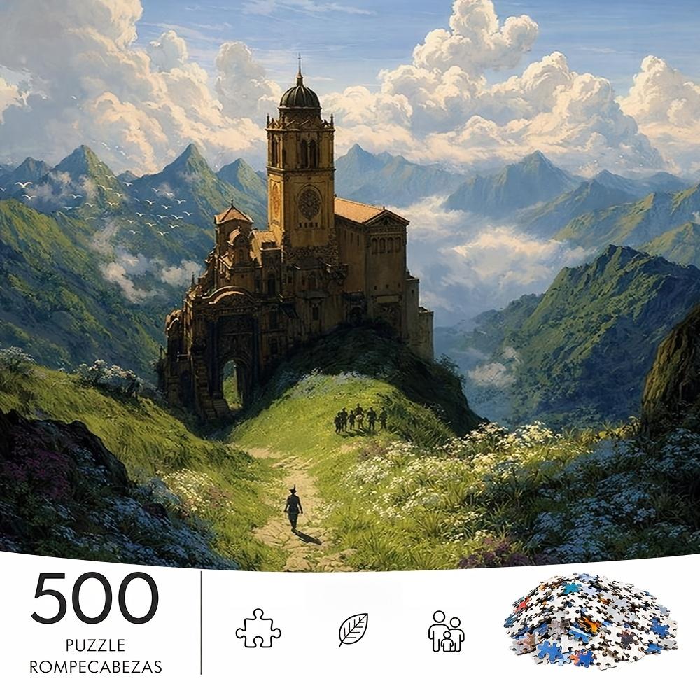 500pcs/Puzzle Game for Endurance And Logic Training - Exquisite Puzzle - "Mountain Peak Ancient Temple Cloud Mountain Ridge Pedestrian" Suitable for L