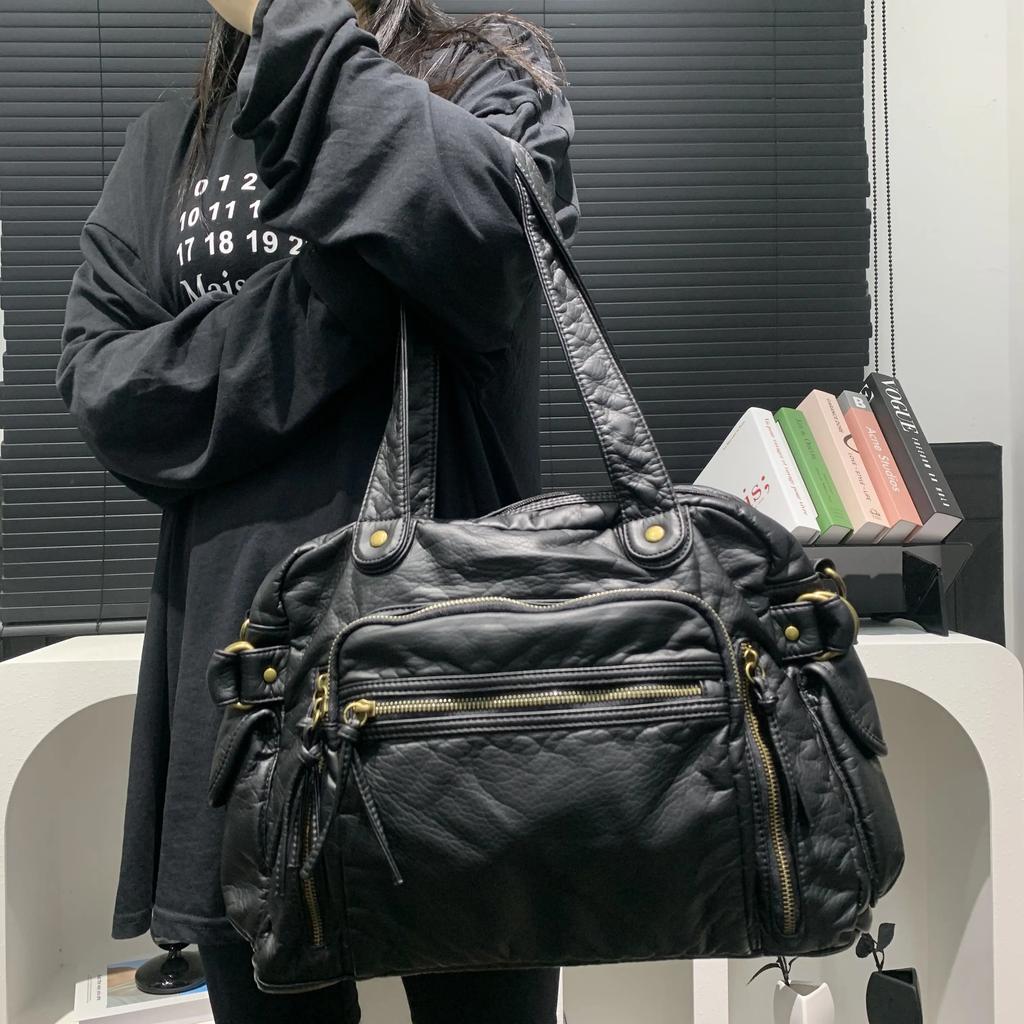 Women's Fashion Retro Tote Bag Soft PU Leather Large Capacity Shoulder Bag Y2K Punk Multi Pocket Crossbody Handbag