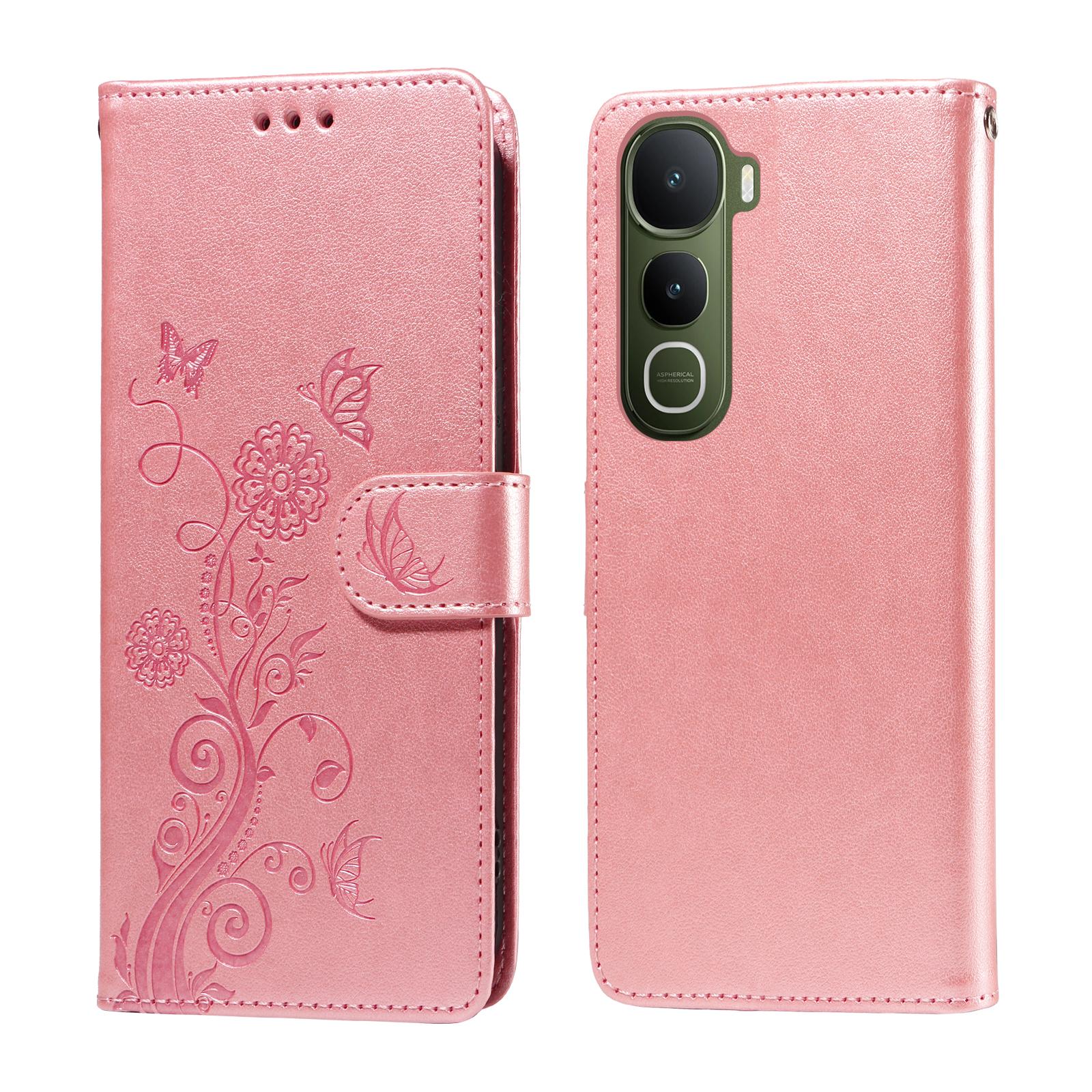 

For vivo Y400 5G Leather Case Butterfly Floral Imprint Wallet Stand Cover Pink