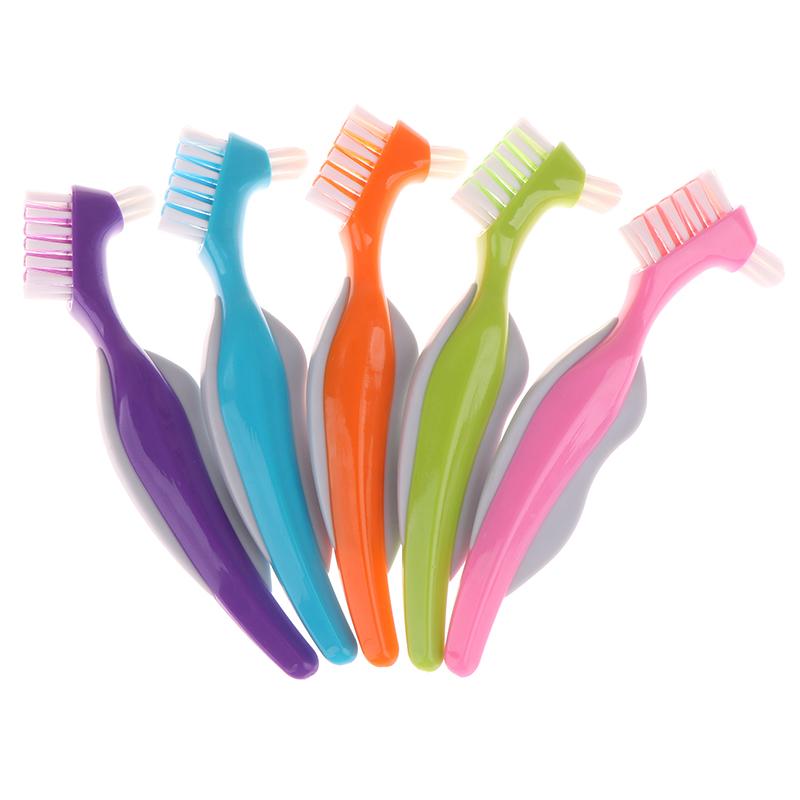 Multi-Layered Bristles Denture Cleaning False Teeth Brush Oral Care Non-Slip Ergonomic Rubber Handle Dual Heads Antibacterial