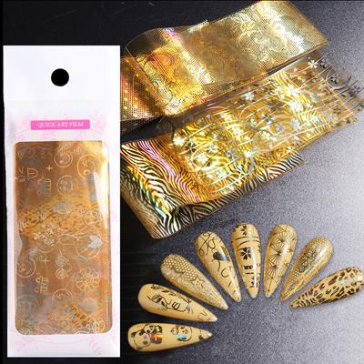 16 Pcs/bag Laser Gold Nail Foils Stickers Holographic Tiger Snake Print Flowers Geometry Element Transfer Slider Manicure Decoration