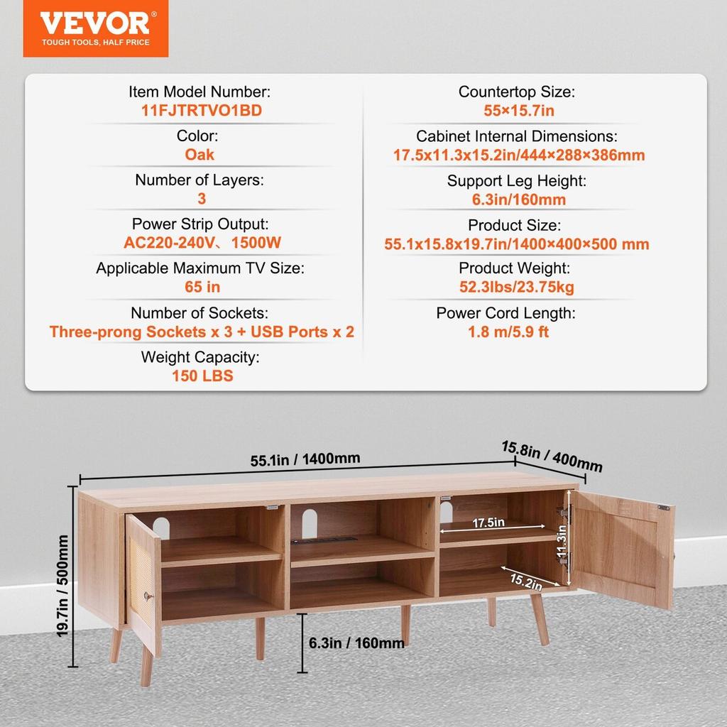 Rattan TV Stand for 65" TV Boho TV Stand with Build-in Socket Oak