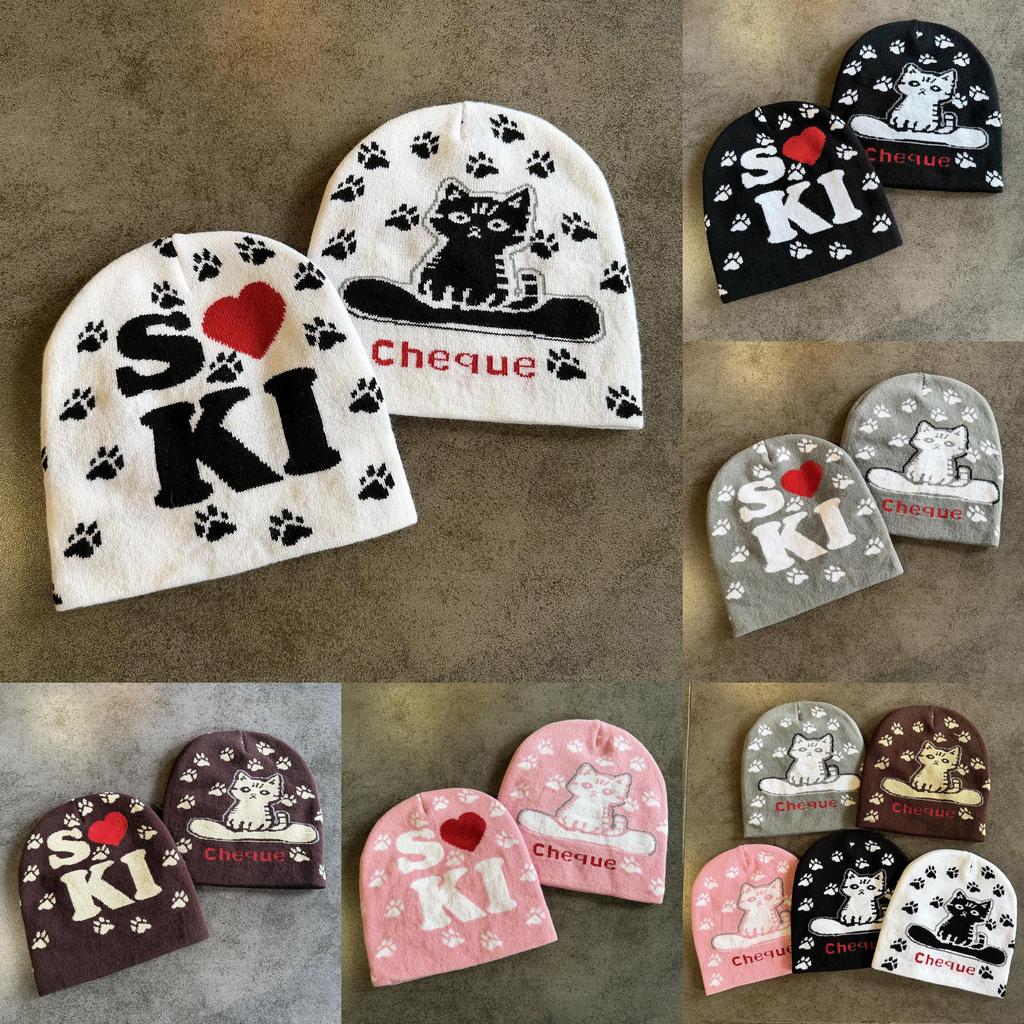 Acrylic Knit Hat With Cat And Letter Jacquard Design For Women Men In Autumn And Winter