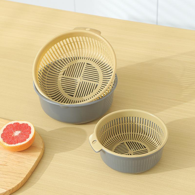 Vegetable Basin Plastic Double-Layer Drain Basket Leaky Basin Rice Vegetable Blue Vegetable Basin Household Kitchen Fruit Plate