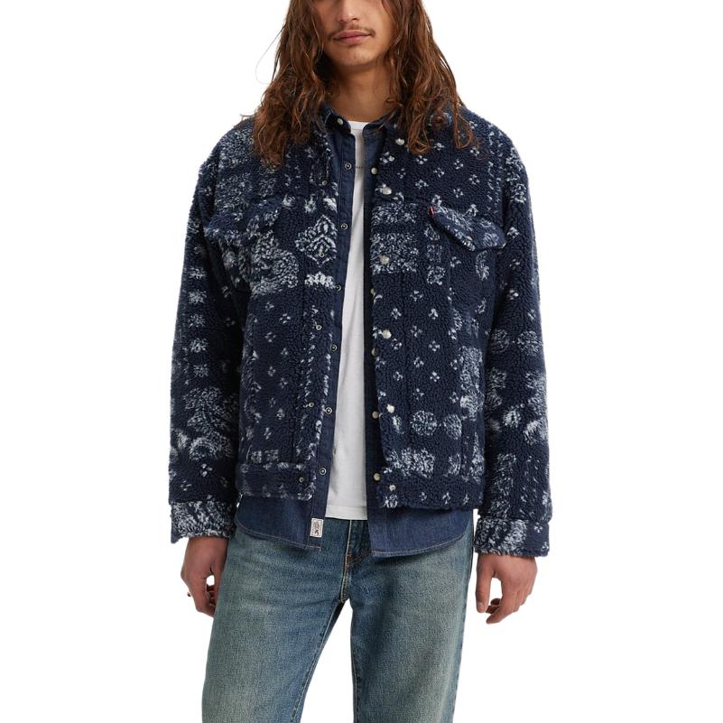 Levis New Relaxed Fit Sherpa Trucker Jacket Full Print Long Sleeve Zip Jacket Men Jacket Blue A5785-0001