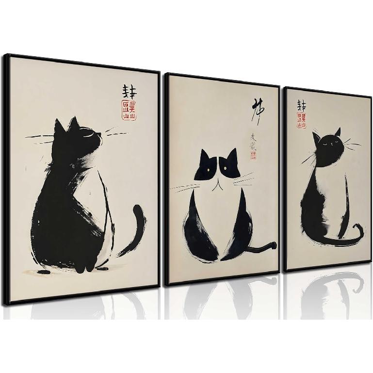 3Pcs Vintage Japanese Cat Wall Art Cute Funny Japanese Black Cat Canvas Paintings Japanese Matsumoto Hoji Prints Neutral Wall Decor Cat Pictures