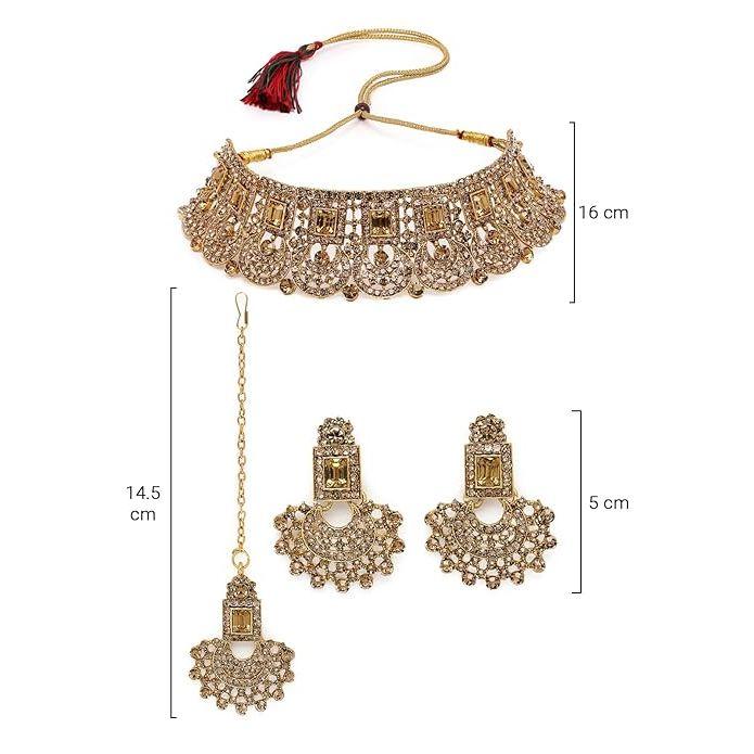 Graceful Curve Shaped  AD Stones Choker Necklace Set With Earring And Maangtika | Jewellery Set For Women