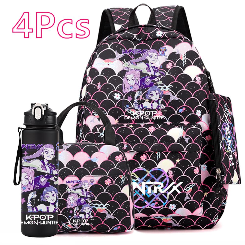 4Pcs/set Anime Cartoon Printed Backpack with Handbag Pencil Case 750Ml Water Bottler for Teenager Boy Girl Large Capacity Bookbag Schoolbag Mochila