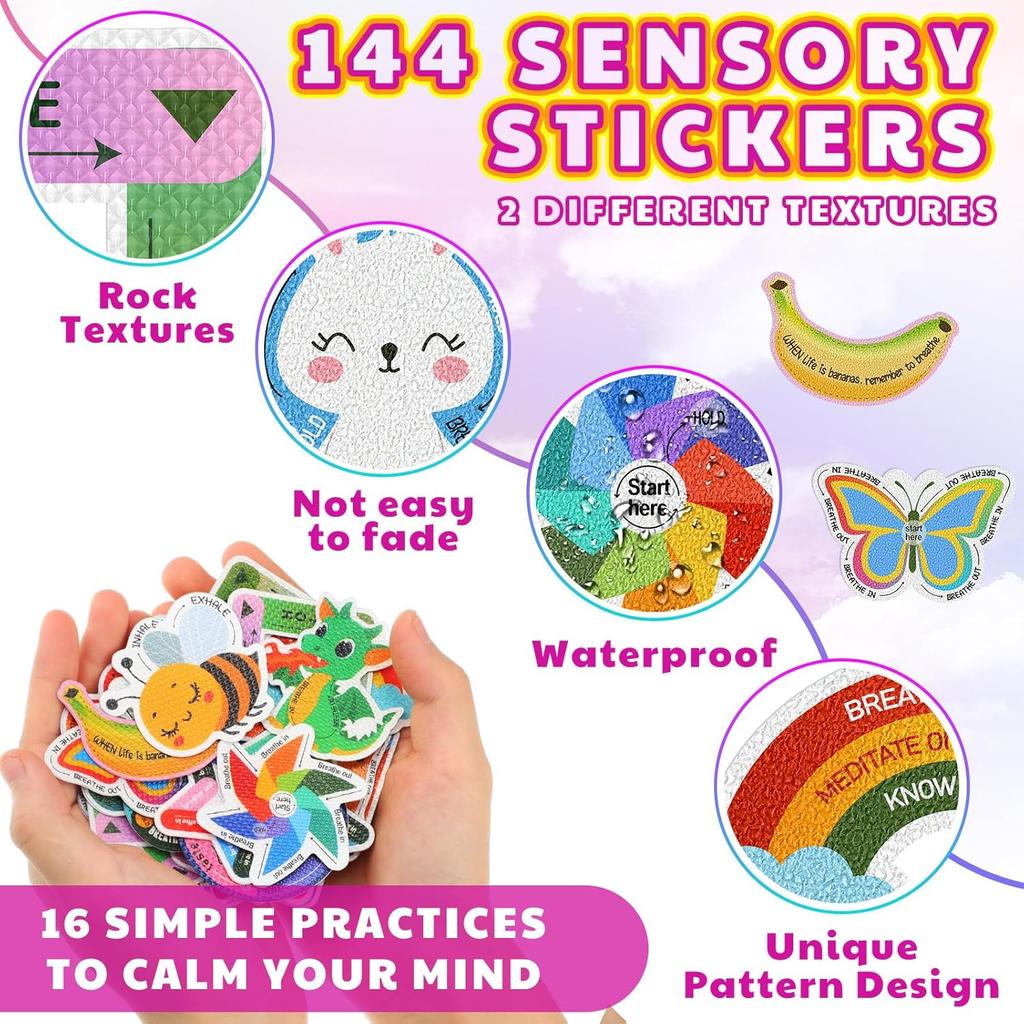 144 Pcs Calm Anxiety Sensory Stickers Textured Sensory Strips Stickers Mindfulness Relief Mental Health Rainbow Apple Animals Anxiety Relief for
