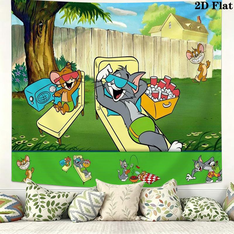 Mouse Cat Cartoon Wall Tapestry Aesthetic Wall Hanging Printed Fabric Blanket Decorative Tapestries for Bedroom Living Room Home Decor