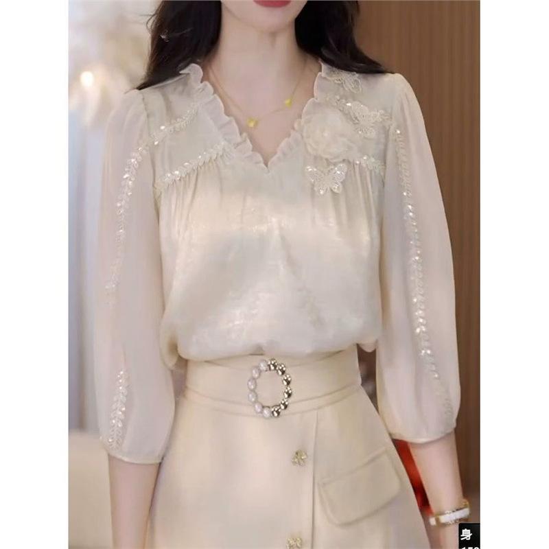 

2025 новая чистая и тонкая универсальная рубашка темпераментная высококлассная элегантная модная рубашка с V-образным вырезом 3XL [69kg-75kg]