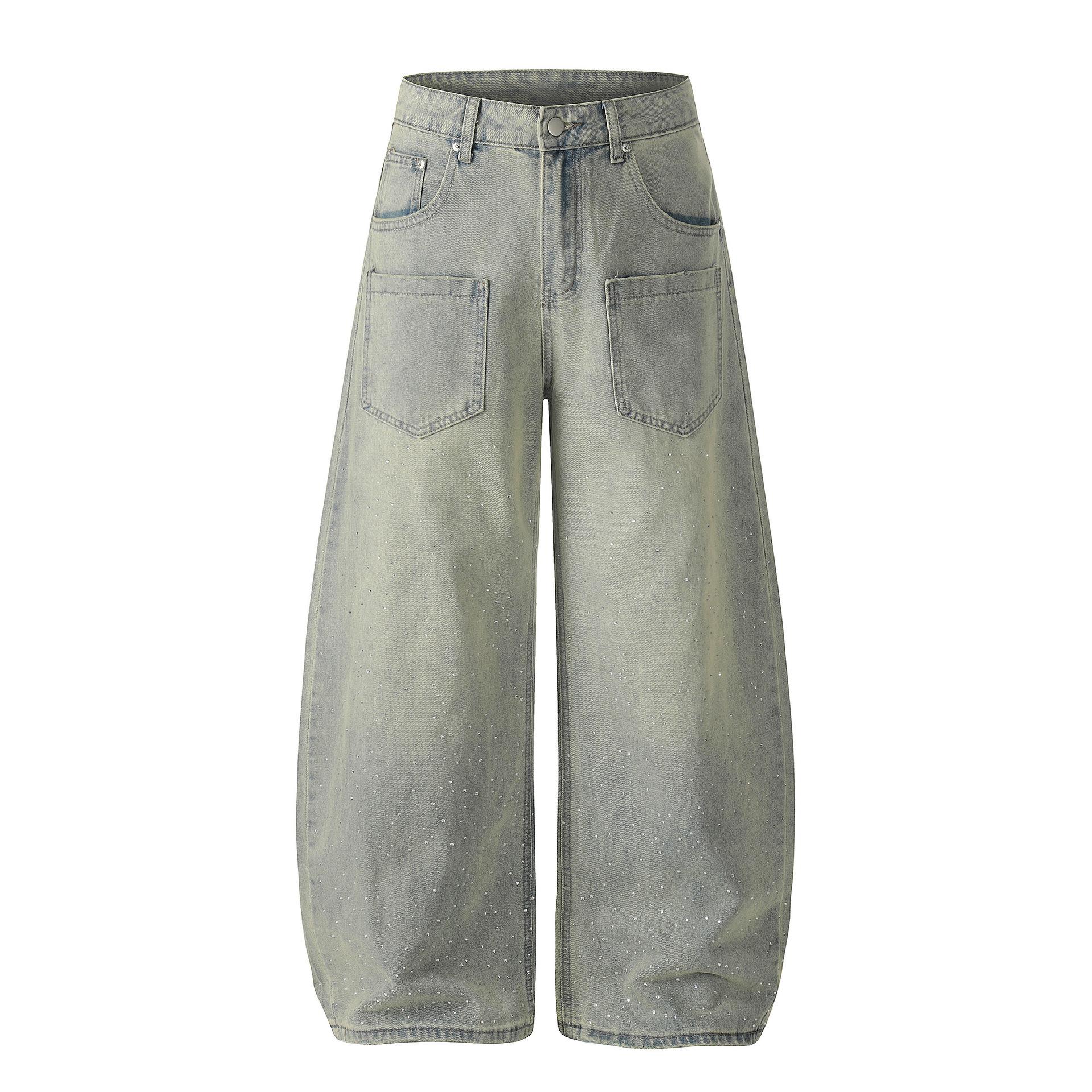 European and American scimitar pants retro loose jeans hot diamond personalized fashionable wide-leg pants men S
