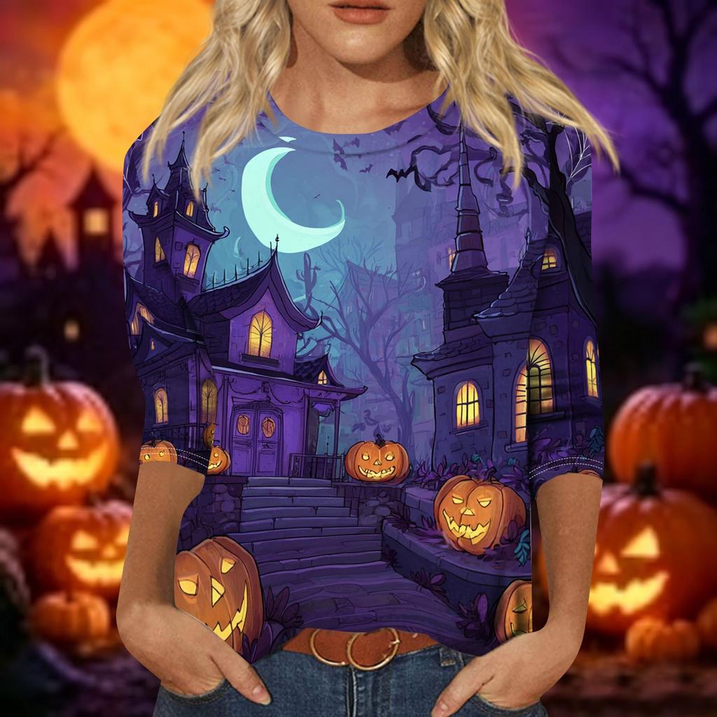 Women Casual Three Quarter Sleeve Halloween Pumpkin Print Crew Neck Top Lightweight Comfortable Fall Shirt for Everyday Wear