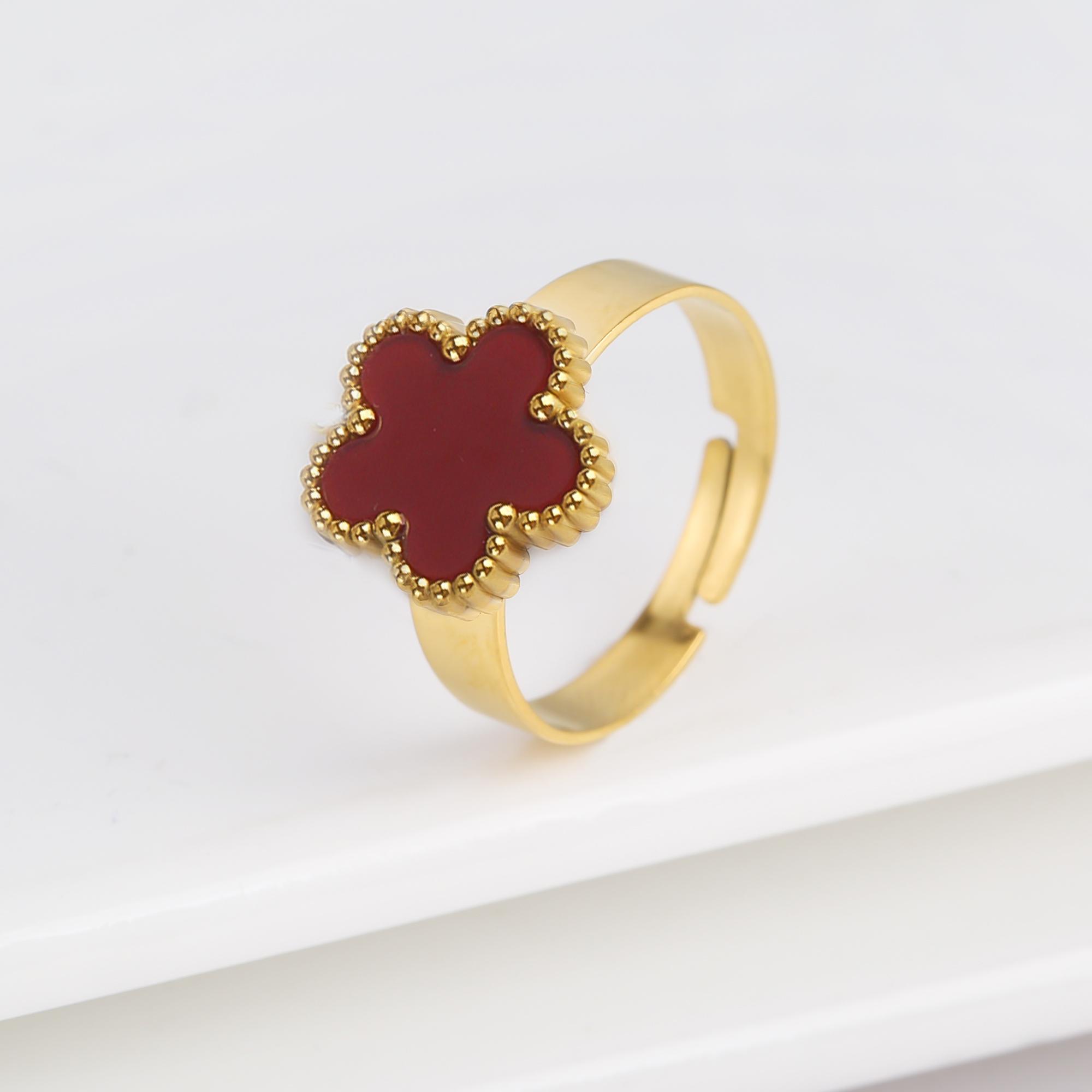 Klassischer Luxus Kleeblatt Metall Laser Edelstahl Fünfblättrige Blume Offener Ring Einfach für Frau Mädchen Neuer Mode Party Schmuck brown