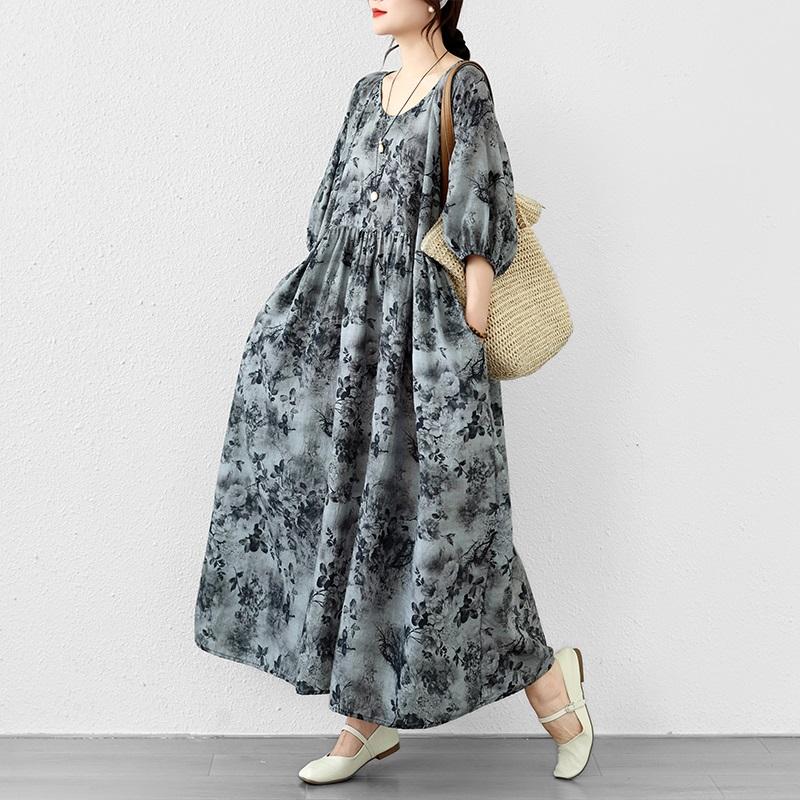 Krátký rukáv Plus size Bavlněné vintage květinové nové šaty pro ženy ležérní volné dlouhé letní šaty